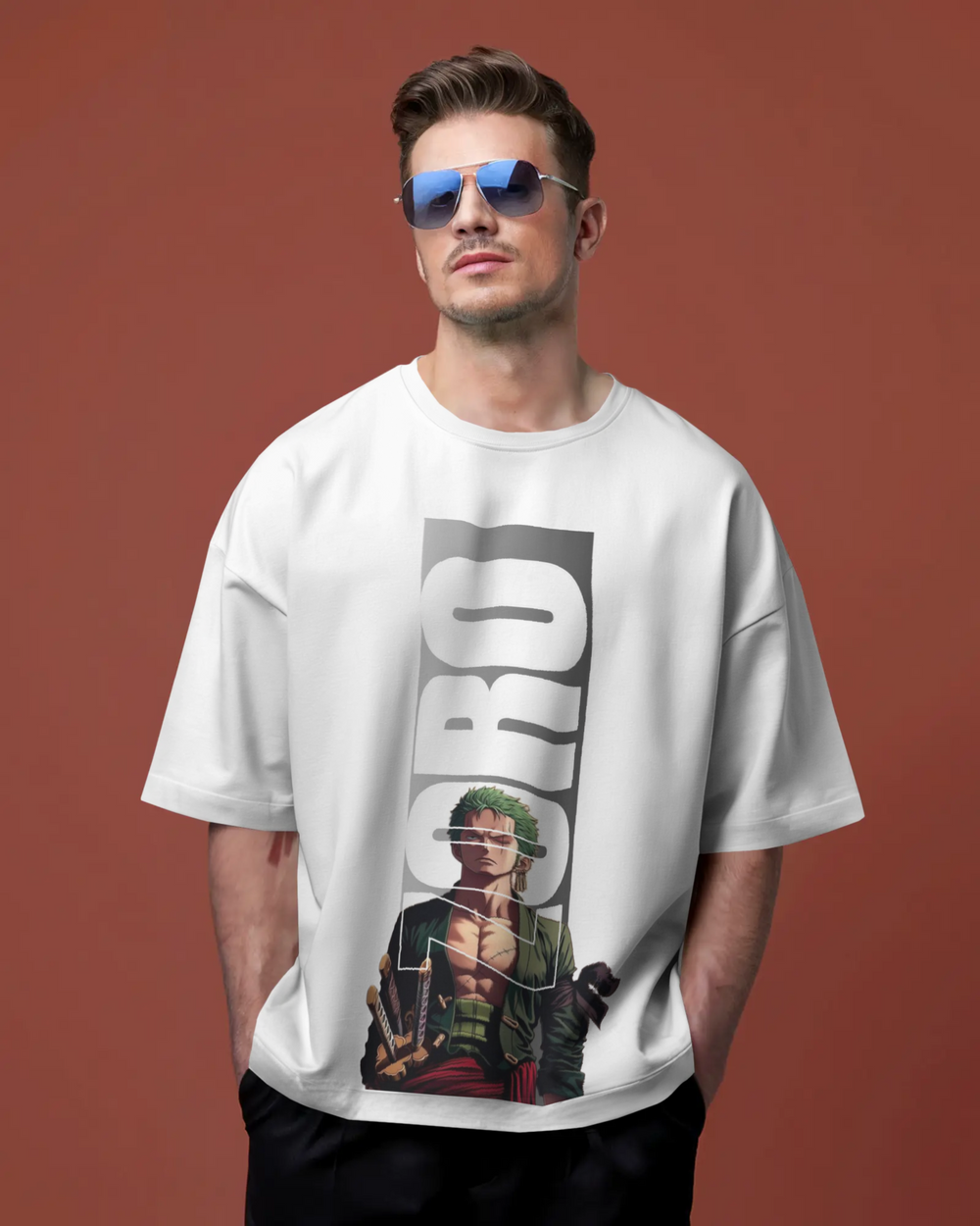 Man wearing a white t-shirt with a graphic design on a brown background