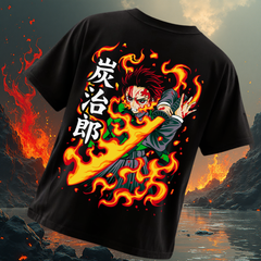 Demon Slayer Tanjiro Kamado Fire Breathing Oversized T-Shirt | Teeyatra | Anime