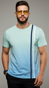 Ombre Gradient T-Shirt with Vertical Contrast Stripe | Cotton Blend Classic Crew Neck Tee | Teeyatra