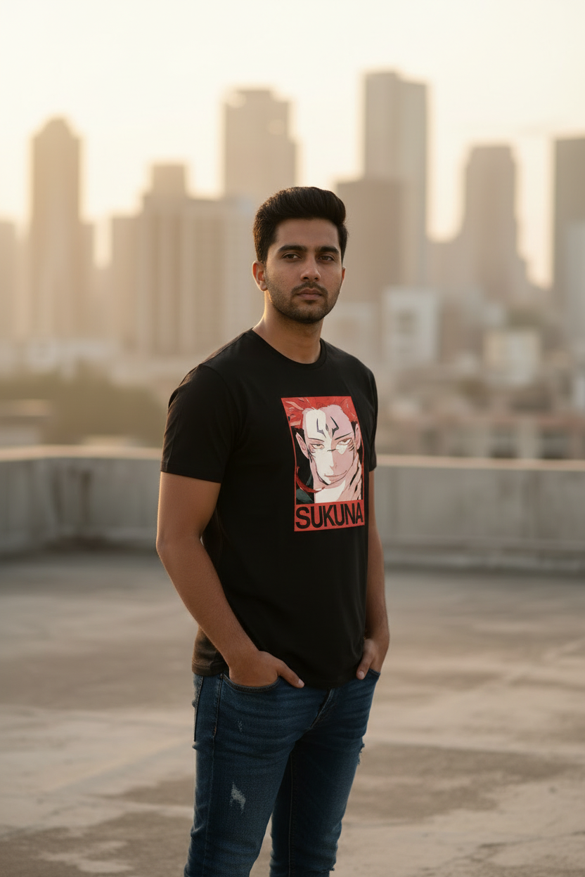 Teeyatra Men's Ryomen Sukuna Graphic Print T-Shirt – Premium Black Cotton Regular Fit