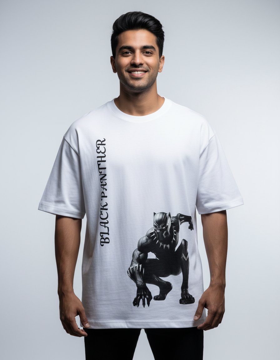 Man wearing a white t-shirt with a black panther graphic and 'Black Panther' text on a light gray background