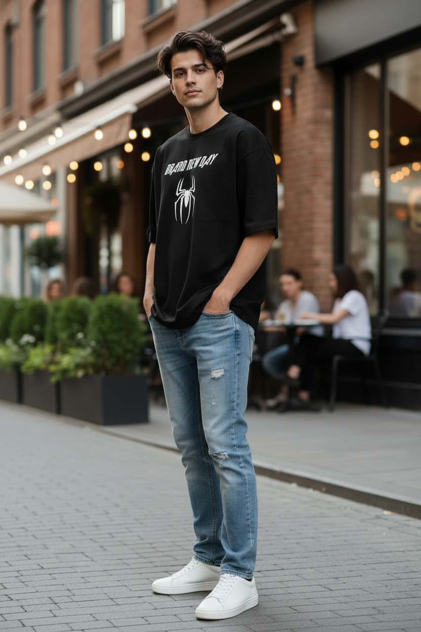 Teeyatra "Brand New Day" Spider Edition – Premium Oversized French Terry T-Shirt (240 GSM)