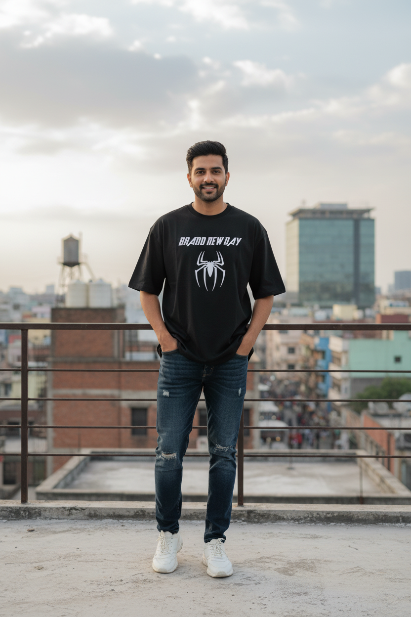 Teeyatra "Brand New Day" Spider Edition – Premium Oversized French Terry T-Shirt (240 GSM)