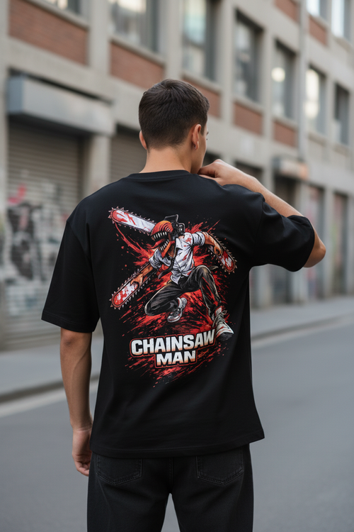 Chainsaw Man Denji Action Oversized T-Shirt | 240 GSM French Terry | Teeyatra - TEEYATRA