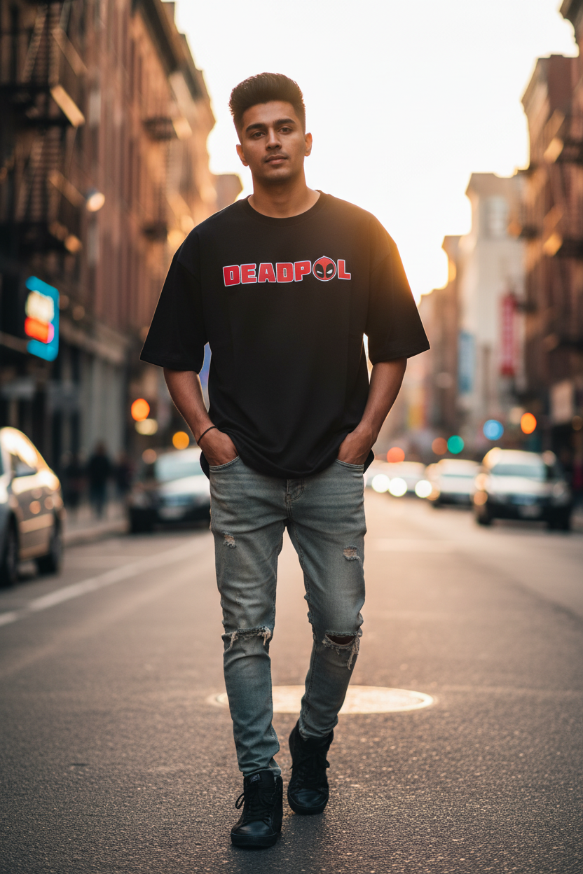 Deadpool Oversized T-Shirt – 240 GSM French Terry | DTF Print | Black Streetwear Tee