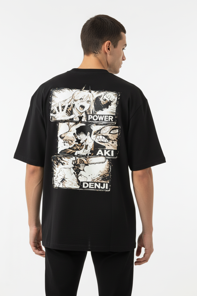Chainsaw Man Trio Manga Panel Oversized T-Shirt | Power, Aki & Denji | 240 GSM French Terry | Teeyatra - TEEYATRA