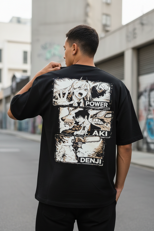Chainsaw Man Trio Manga Panel Oversized T-Shirt | Power, Aki & Denji | 240 GSM French Terry | Teeyatra - TEEYATRA