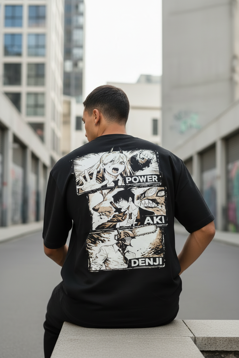 Chainsaw Man Trio Manga Panel Oversized T-Shirt | Power, Aki & Denji | 240 GSM French Terry | Teeyatra - TEEYATRA