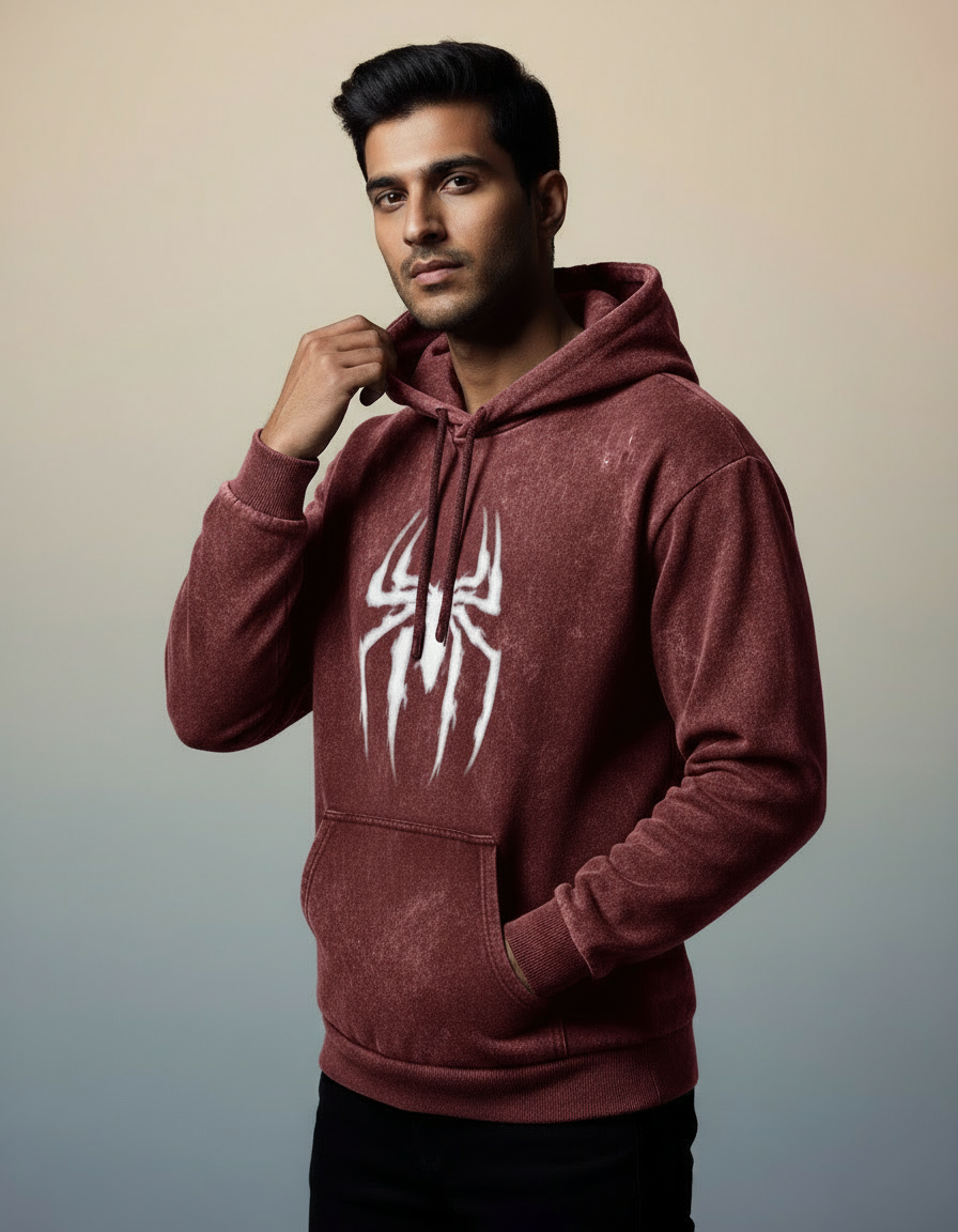 Men's Spider Symbol Acid Washed Hoodie | Teeyatra