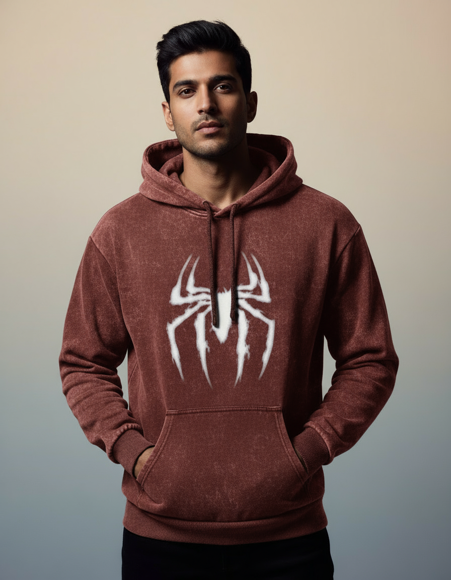 Men's Spider Symbol Acid Washed Hoodie | Teeyatra