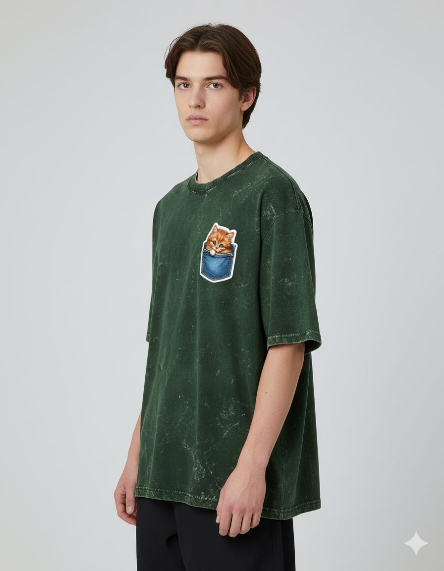 Peekaboo Kitty Men's Acid Washed Oversized Tee | Teeyatra | Cartoon