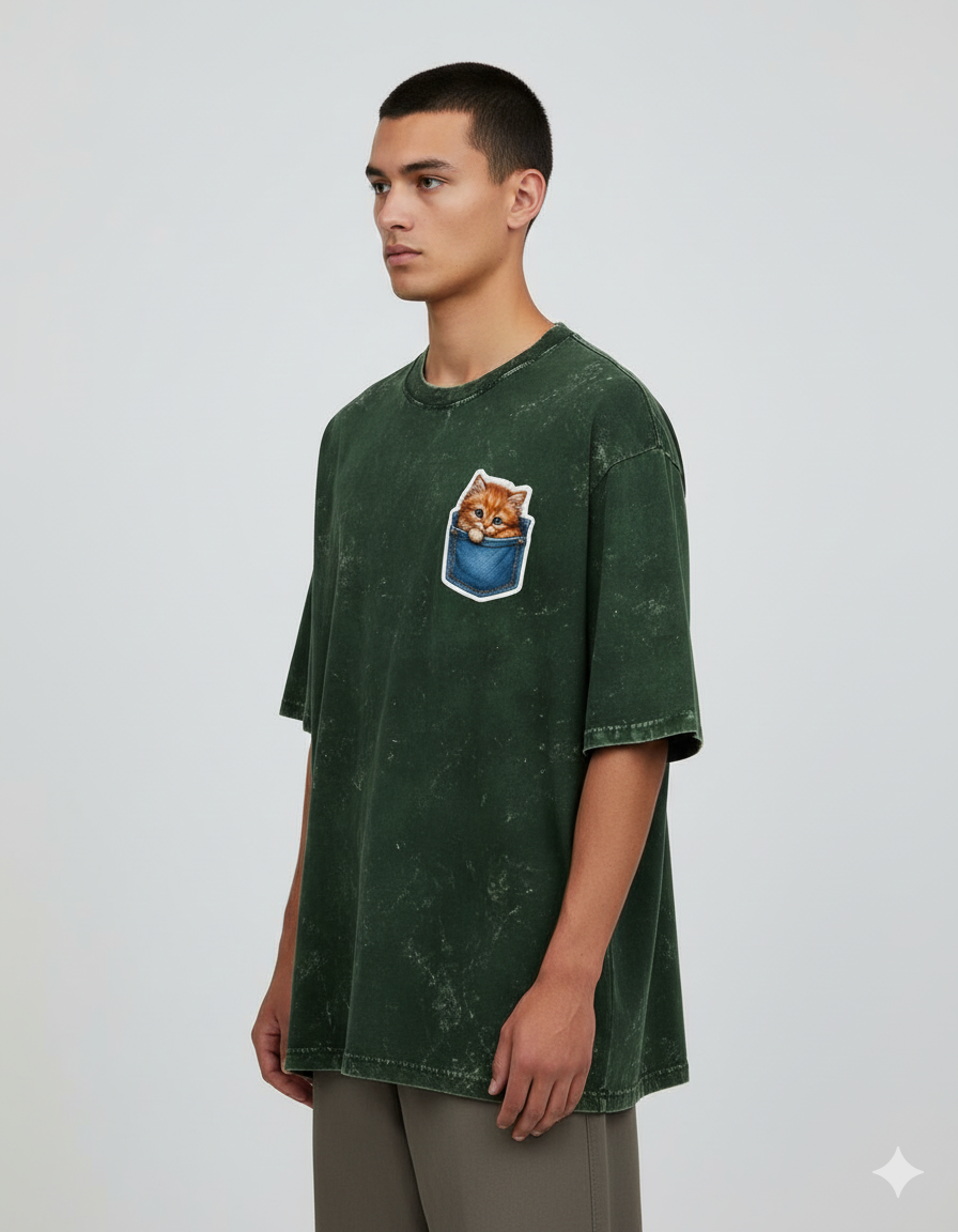 Peekaboo Kitty Men's Acid Washed Oversized Tee | Teeyatra | Cartoon