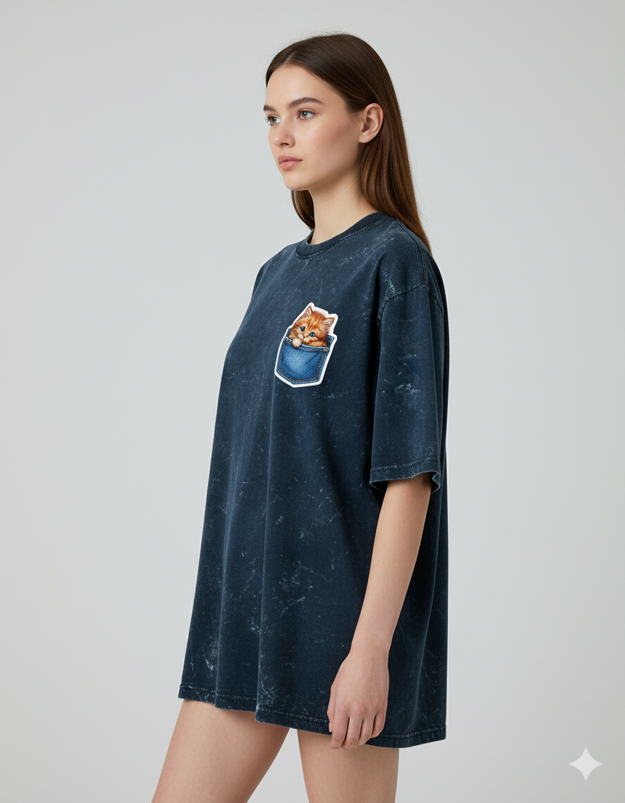 Peekaboo Kitty Ladies Acid Washed Oversized Tee | Teeyatra | Cartoon