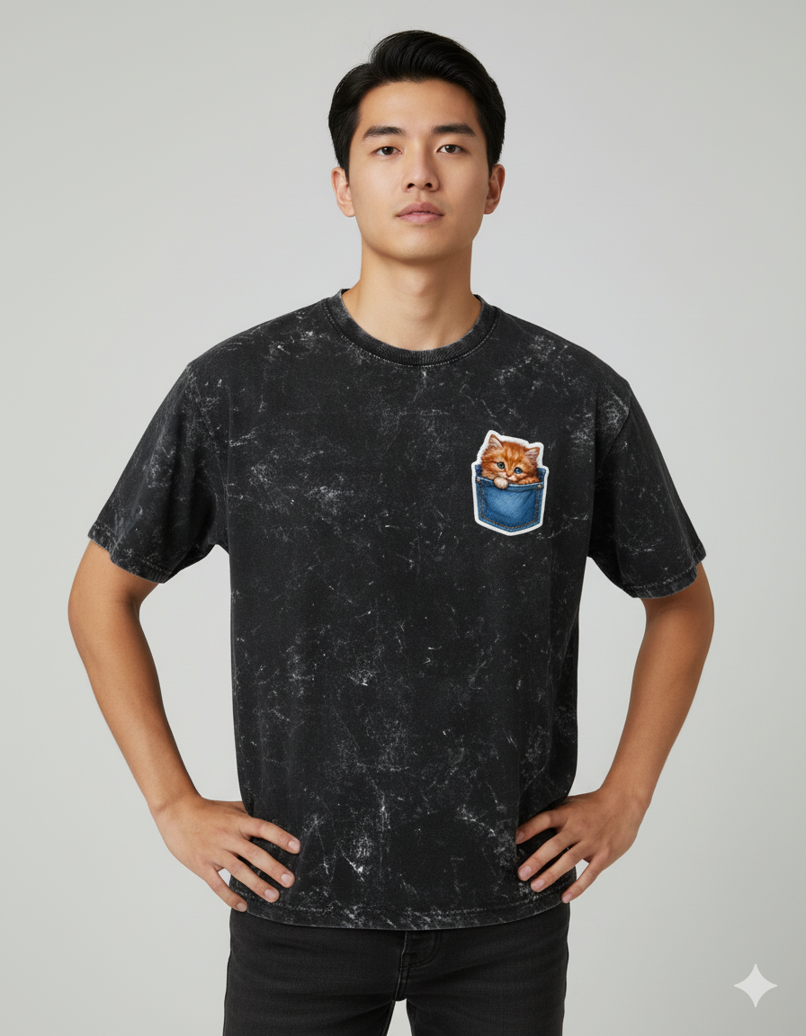 Peekaboo Kitty Men's Acid Washed Oversized Tee | Teeyatra | Cartoon