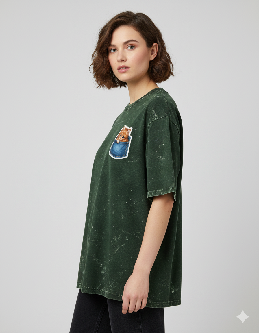 Peekaboo Kitty Ladies Acid Washed Oversized Tee | Teeyatra | Cartoon
