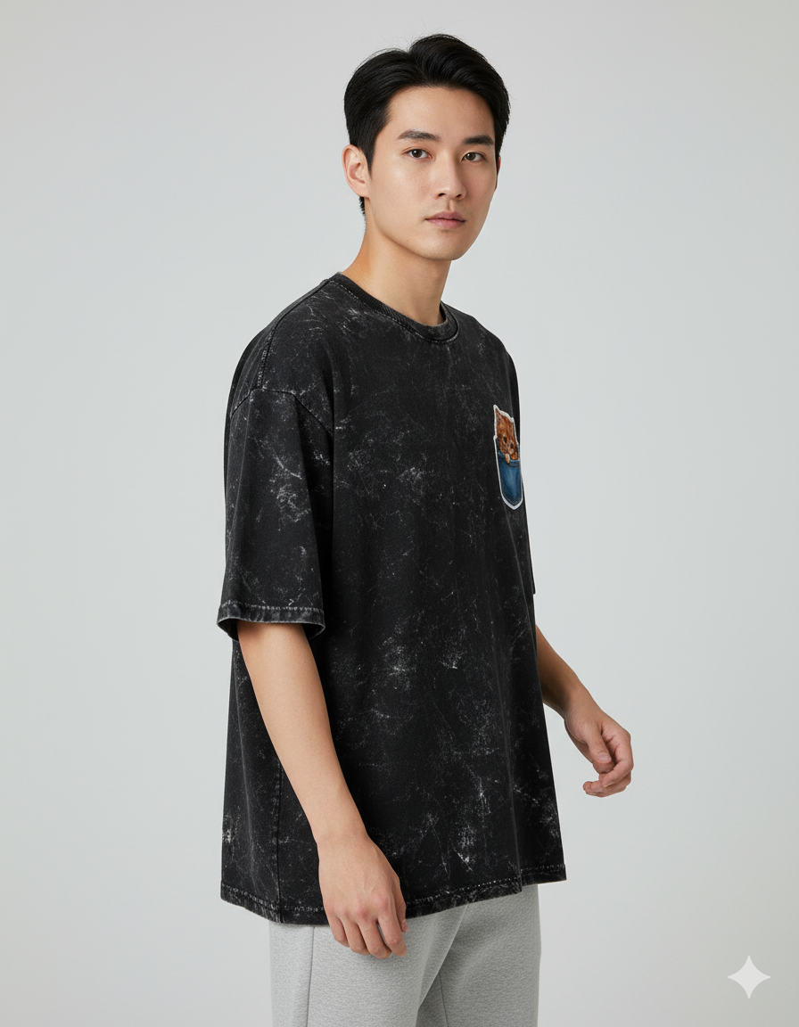 Peekaboo Kitty Men's Acid Washed Oversized Tee | Teeyatra | Cartoon