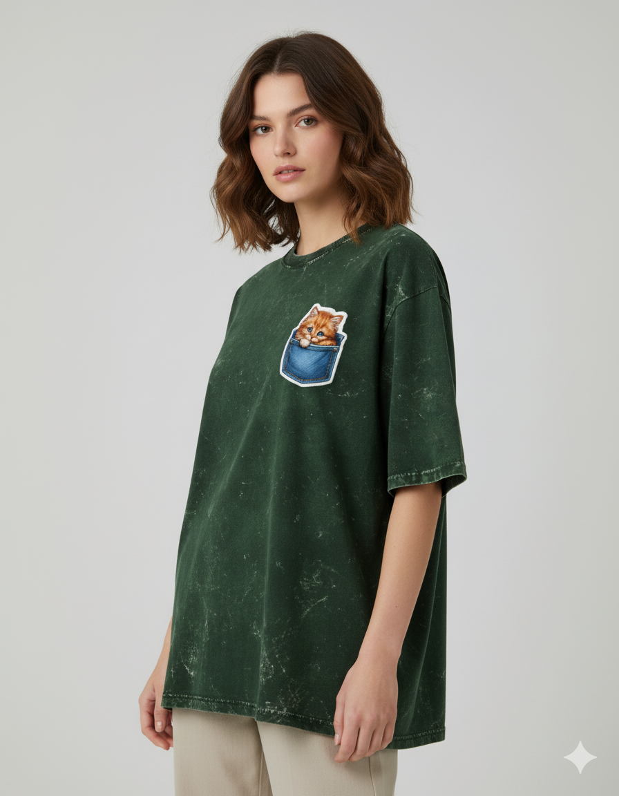 Peekaboo Kitty Ladies Acid Washed Oversized Tee | Teeyatra | Cartoon