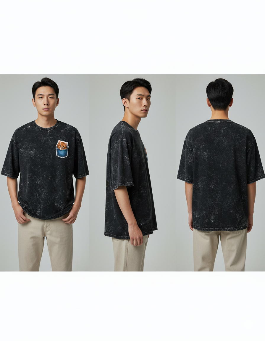 Peekaboo Kitty Men's Acid Washed Oversized Tee | Teeyatra | Cartoon