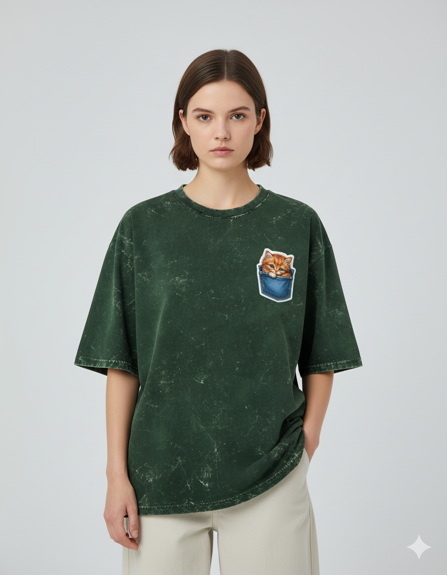 Peekaboo Kitty Ladies Acid Washed Oversized Tee | Teeyatra | Cartoon