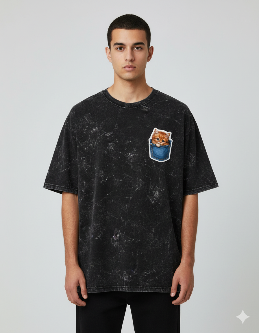 Peekaboo Kitty Men's Acid Washed Oversized Tee | Teeyatra | Cartoon