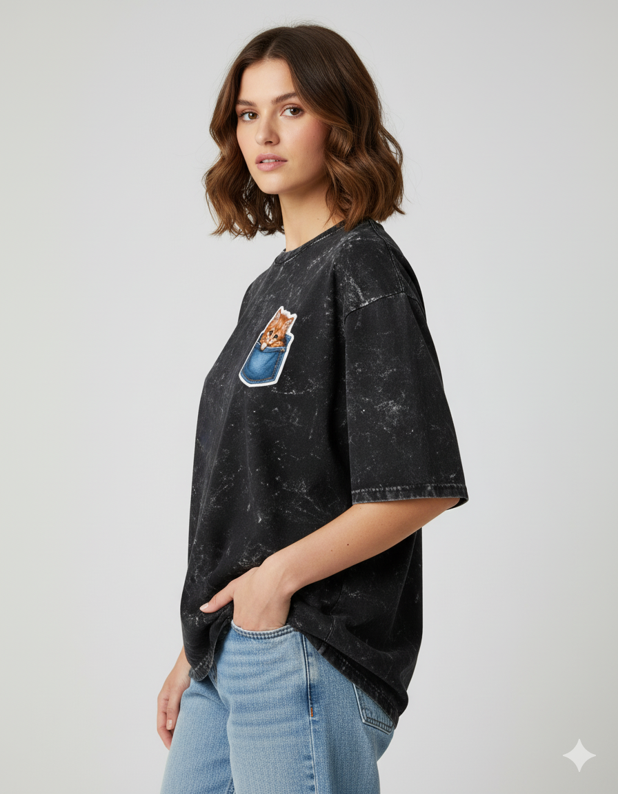 Peekaboo Kitty Ladies Acid Washed Oversized Tee | Teeyatra | Cartoon