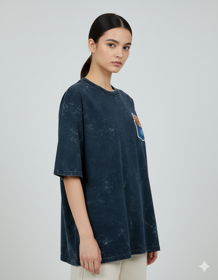 Peekaboo Kitty Ladies Acid Washed Oversized Tee | Teeyatra | Cartoon