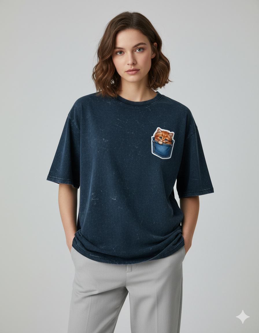 Peekaboo Kitty Ladies Acid Washed Oversized Tee | Teeyatra | Cartoon