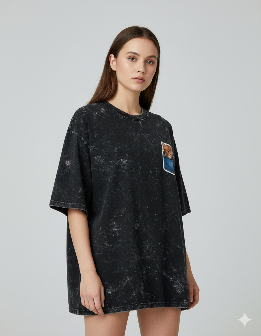 Peekaboo Kitty Ladies Acid Washed Oversized Tee | Teeyatra | Cartoon