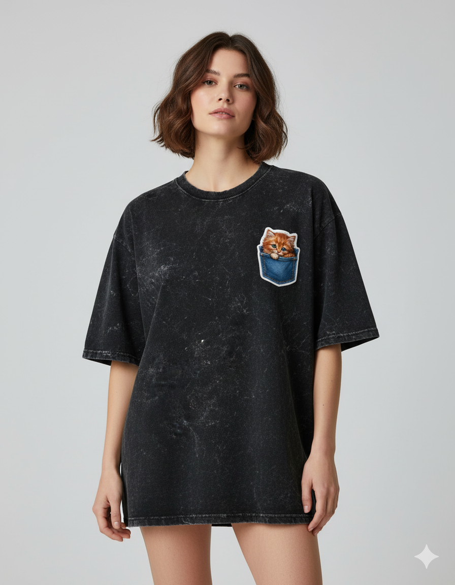 Peekaboo Kitty Ladies Acid Washed Oversized Tee | Teeyatra | Cartoon