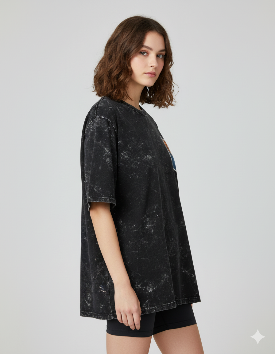 Peekaboo Kitty Ladies Acid Washed Oversized Tee | Teeyatra | Cartoon