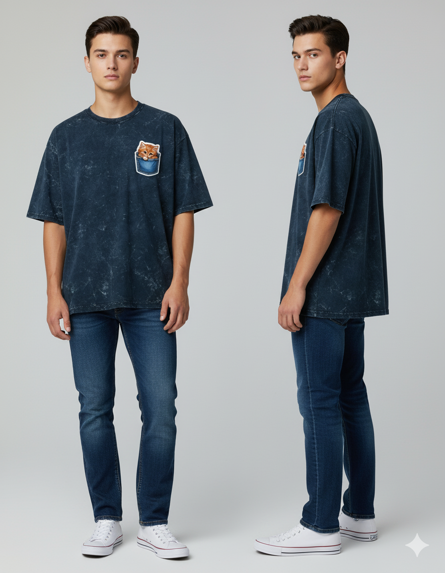 Peekaboo Kitty Men's Acid Washed Oversized Tee | Teeyatra | Cartoon