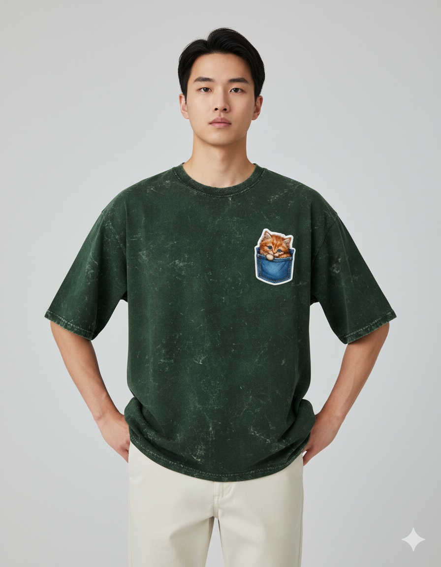 Peekaboo Kitty Men's Acid Washed Oversized Tee | Teeyatra | Cartoon