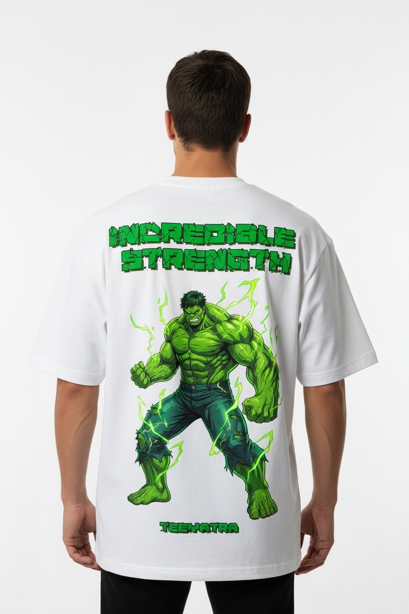 Teeyatra "Incredible Strength" Hulk Graphic Oversized T-Shirt - 240 GSM French Terry