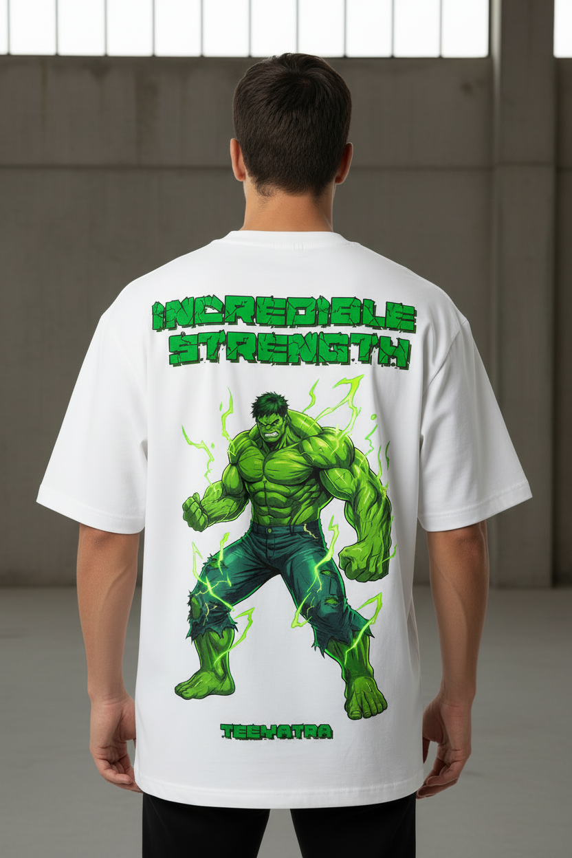 Teeyatra "Incredible Strength" Hulk Graphic Oversized T-Shirt - 240 GSM French Terry