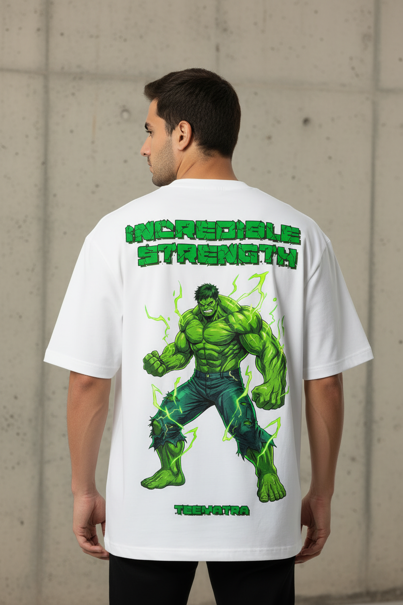 Teeyatra "Incredible Strength" Hulk Graphic Oversized T-Shirt - 240 GSM French Terry