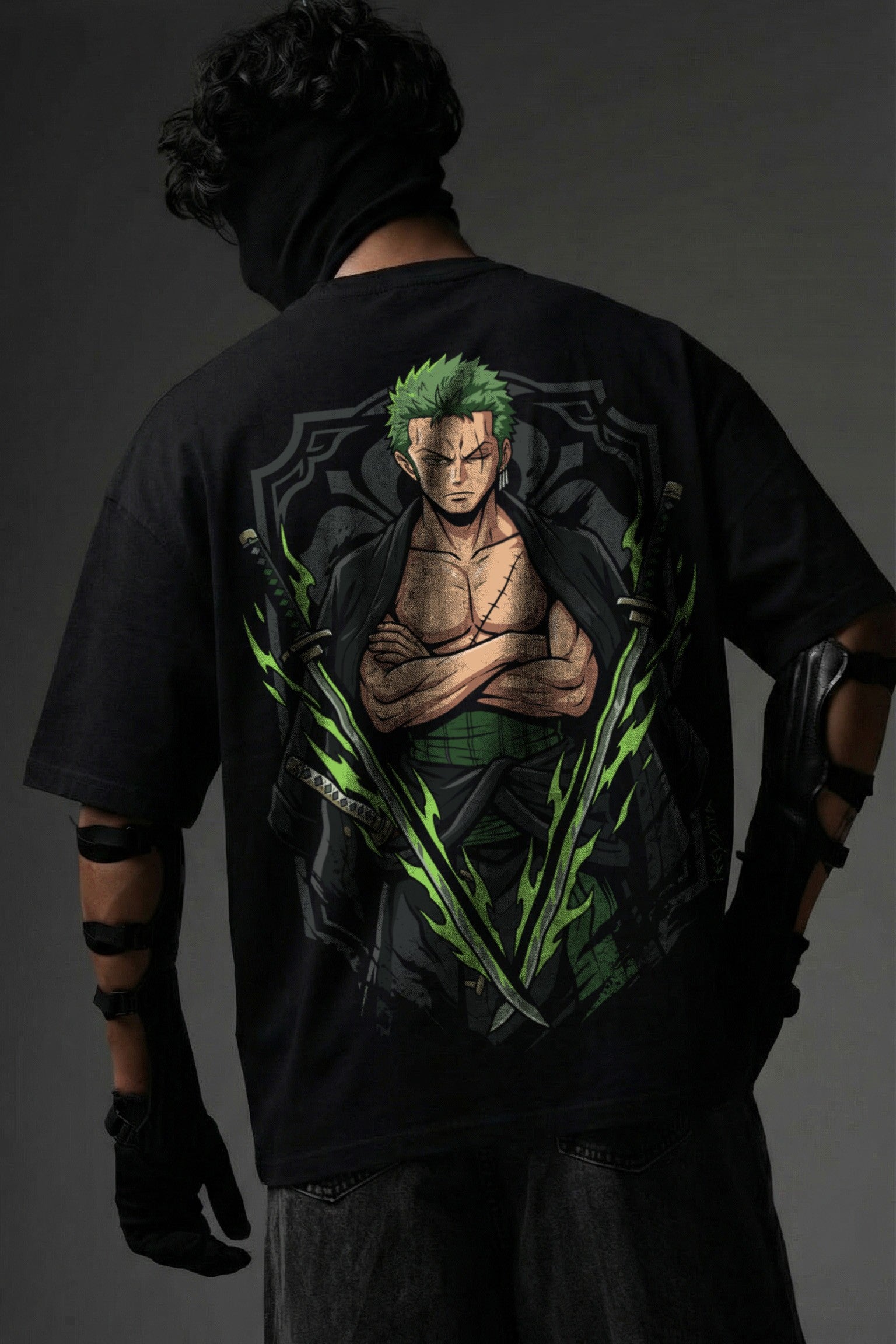 TEEYATRA Zoro Swordsman Oversized Graphic T-Shirt – 240 GSM Premium French Terry | DTF Back Print