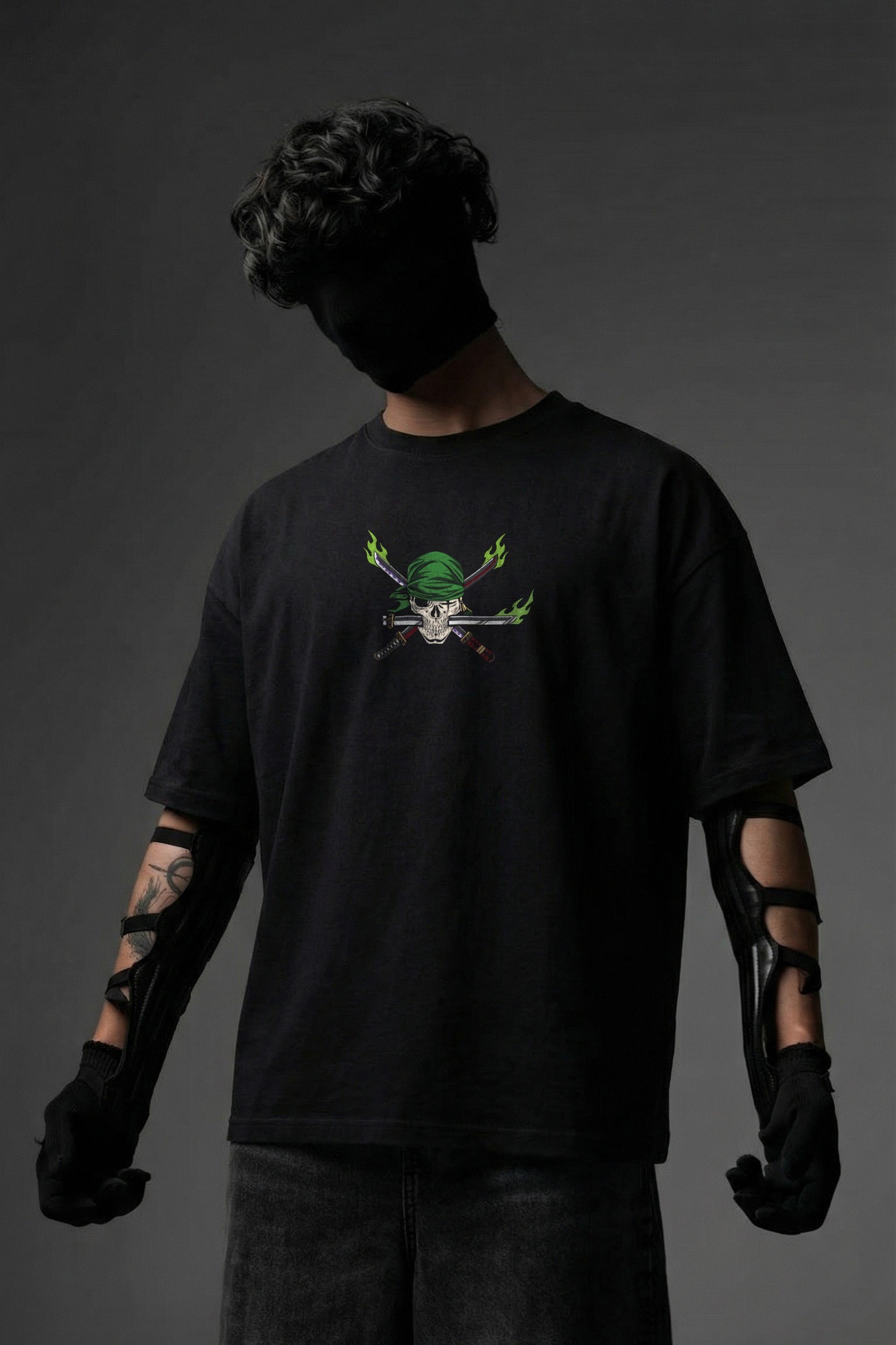TEEYATRA Zoro Swordsman Oversized Graphic T-Shirt – 240 GSM Premium French Terry | DTF Back Print