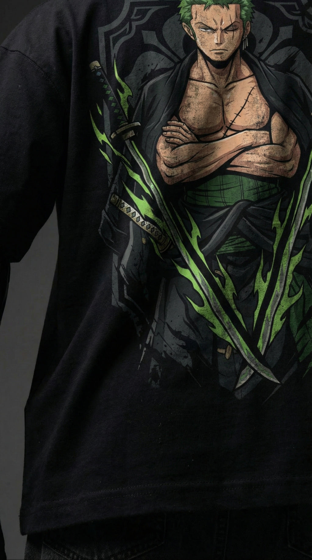 TEEYATRA Zoro Swordsman Oversized Graphic T-Shirt – 240 GSM Premium French Terry | DTF Back Print