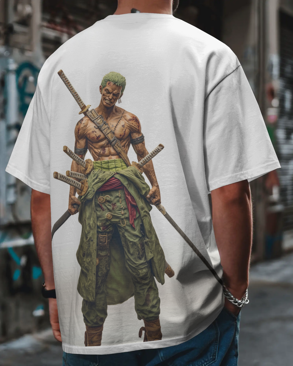 Person wearing a white t-shirt with a graphic of a warrior holding two swords on the back.
