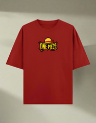 Red t-shirt with 'One Piece' logo on a beige background