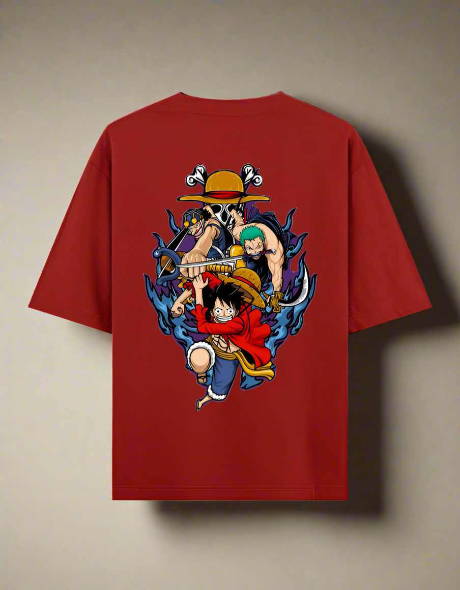 Red t-shirt with colorful graphic design on a beige background