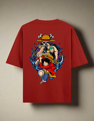 Red t-shirt with colorful graphic design on a beige background