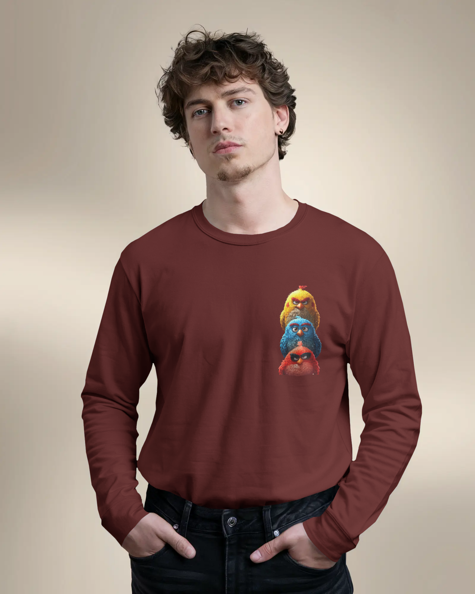 Triple Threat Angry Birds Cartoon Men's Full Sleeve T-Shirt | Teeyatra