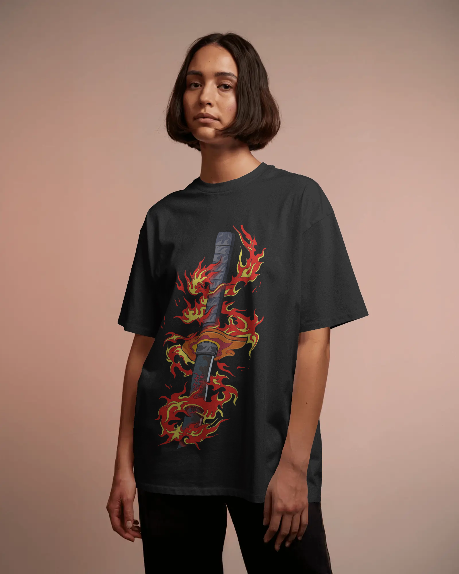 Rengoku Flame Ladies Oversized Classic T-shirt | Demon Slayer | Teeyatra | Anime