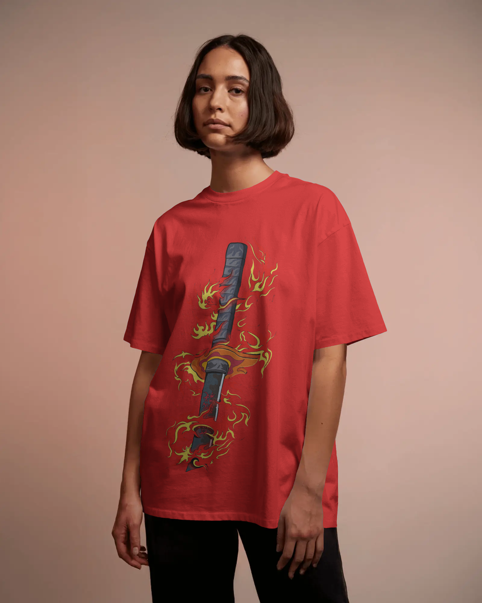Rengoku Flame Ladies Oversized Classic T-shirt | Demon Slayer | Teeyatra | Anime