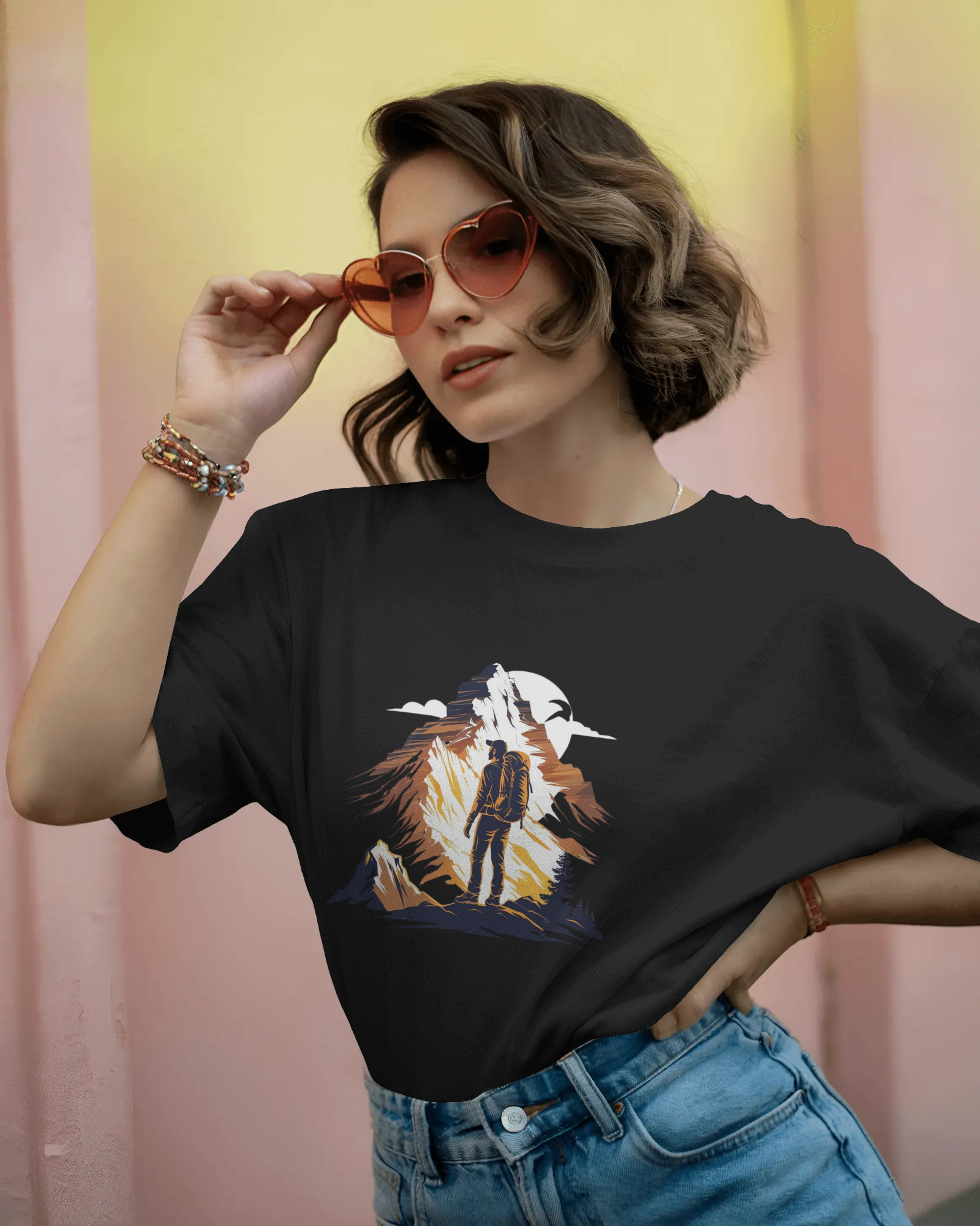 Mountain Hiker Graphic Ladies Classic Crew T-Shirt | Teeyatra | Abstract