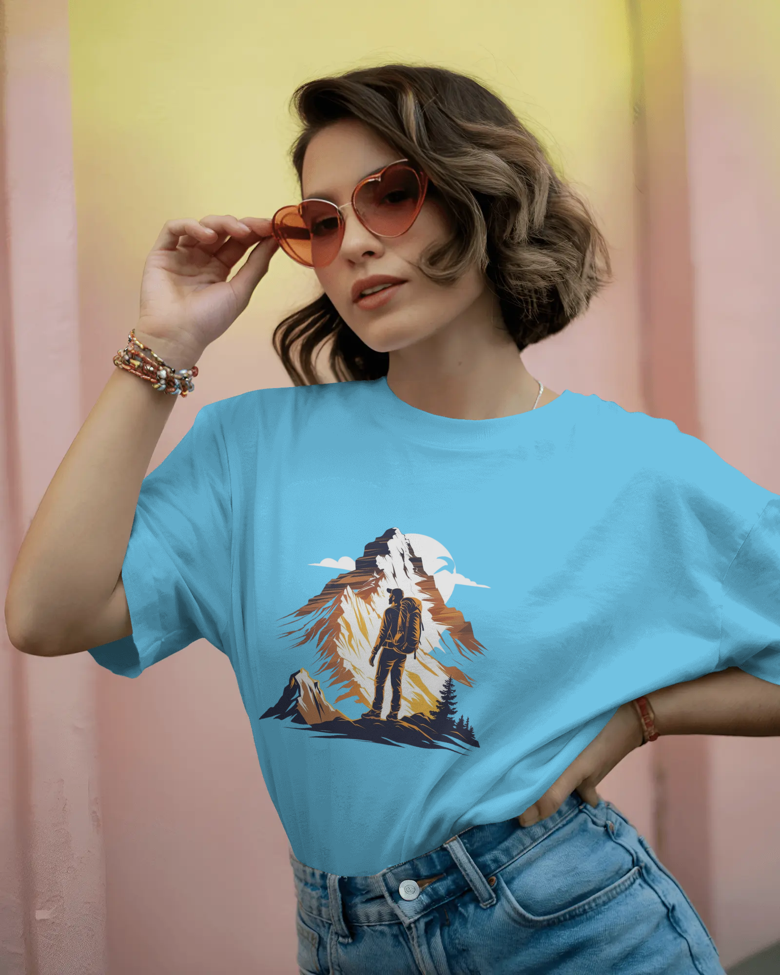 Mountain Hiker Graphic Ladies Classic Crew T-Shirt | Teeyatra | Abstract
