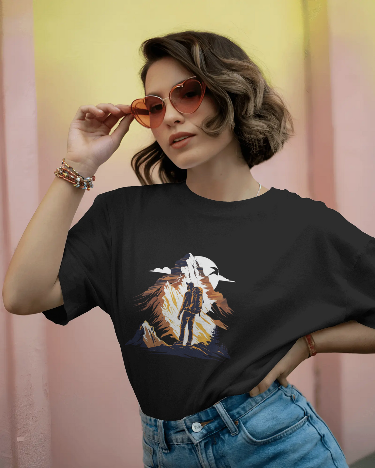 Mountain Hiker Graphic Ladies Classic Crew T-Shirt | Teeyatra | Abstract