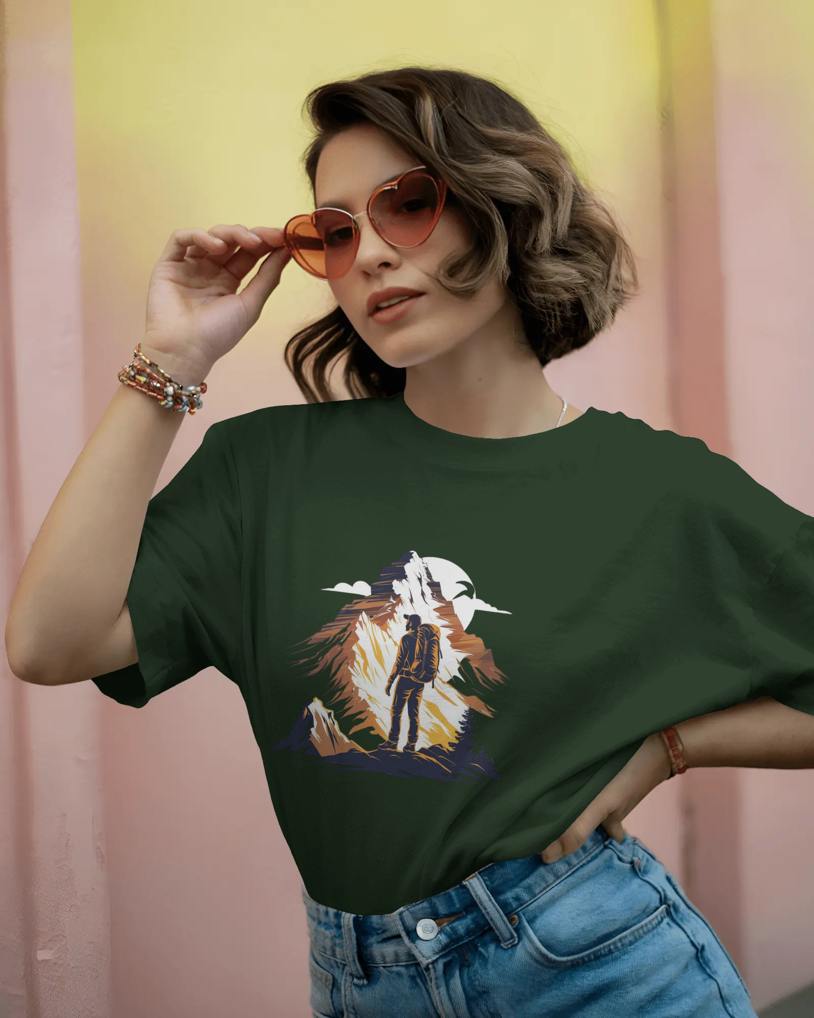 Mountain Hiker Graphic Ladies Classic Crew T-Shirt | Teeyatra | Abstract