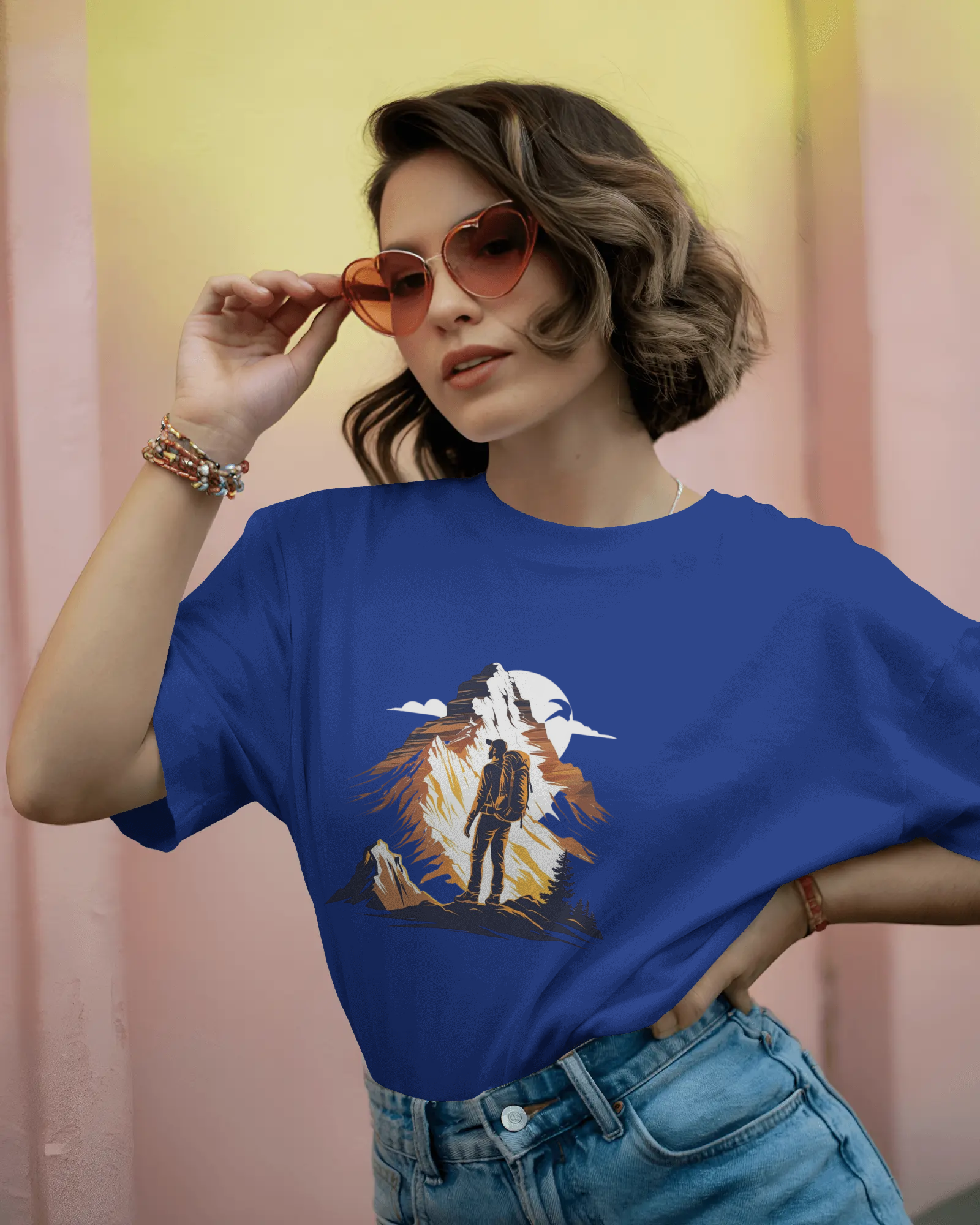 Mountain Hiker Graphic Ladies Classic Crew T-Shirt | Teeyatra | Abstract